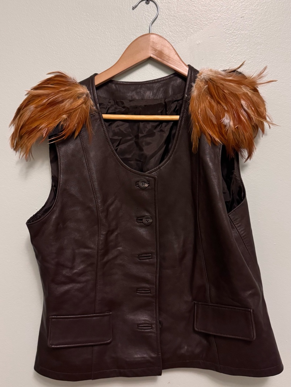 Unisex Brown Leather Vest with Feather Accent Shoulders